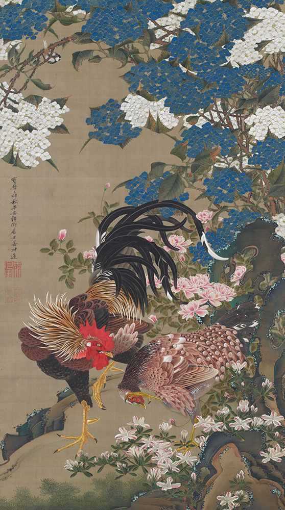 紫陽花双鶏図