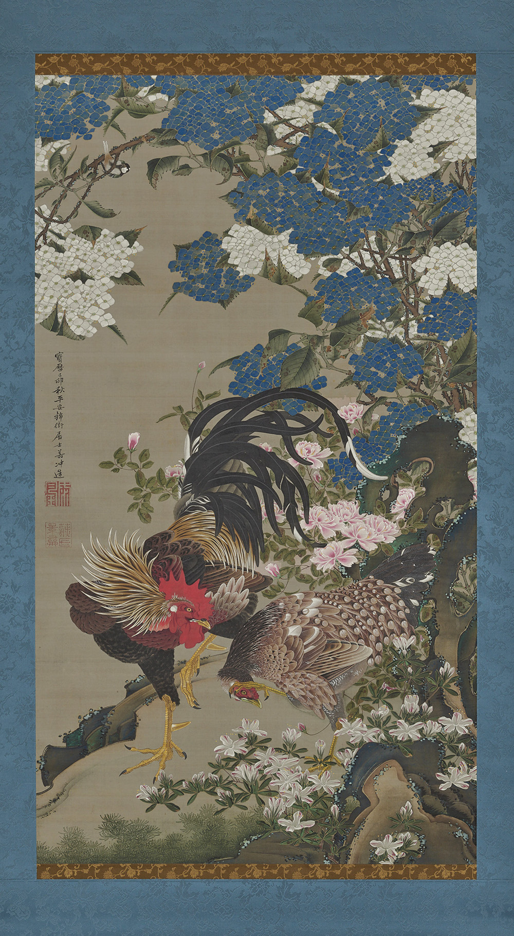 紫陽花双鶏図